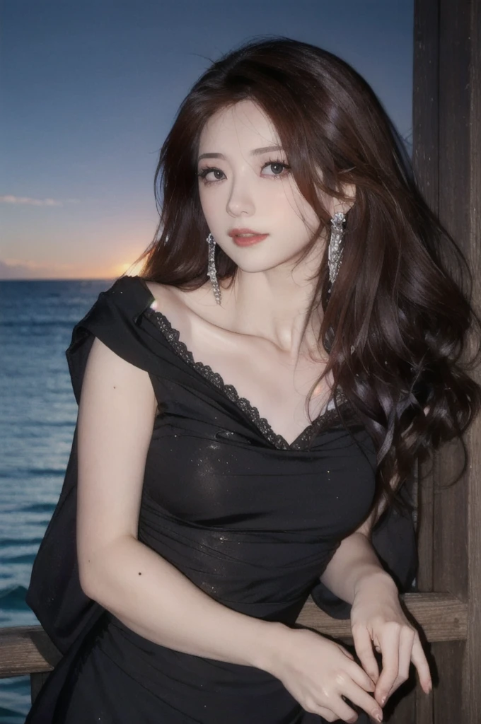 1girl, high quality, masterpiece, standing, looking at viewer, mole, black dress, see-through, lace trim ,upper body,ocean, small breasts, mole, parted lips, night, crescent, dim light,