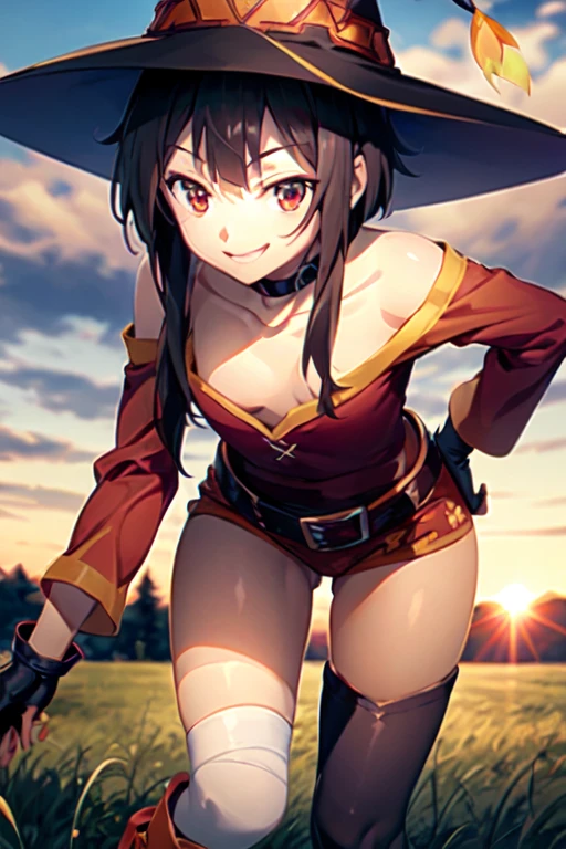 1girl,red eyes,short hair,brown hair,choker,collarbone,short hair with long locks,sidelocks,good hand,small breasts,smile,smug,witch hat,black thighhighs,red dress,black gloves,single thighhigh,belt,orange boots,asymmetrical legwear,bandaged leg,long sleeves,fingerless gloves,cowboy shot,low view,(masterpiece:1,2), best quality, masterpiece, highres, original, extremely detailed wallpaper, perfect lighting,(extremely detailed CG:1.2), grass field, sunset, beautiful cloudy sky, (off shoulder), ((leaning forward))