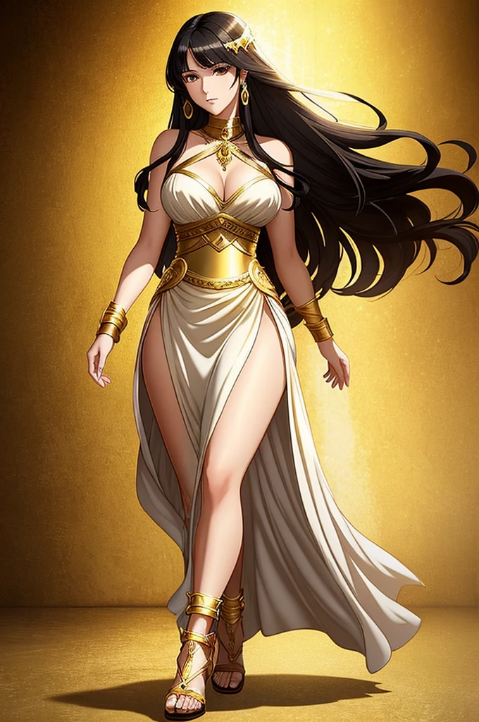 20 years old, with long black hair down to her waist, golden eyes. She wears jewelry and dresses in an antique style, donning a long white dress with golden details. She wears elegant gladiator sandals. She possesses golden powers and has a golden-themed background.