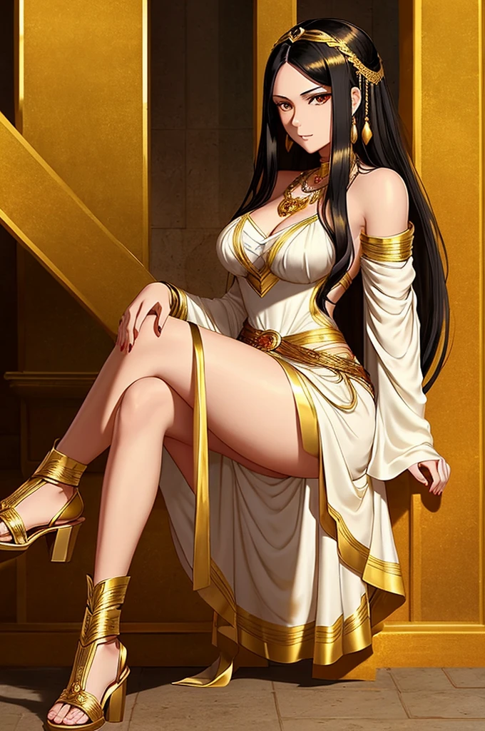 20 years old, with long black hair down to her waist, golden eyes. She wears jewelry and dresses in an antique style, donning a long white dress with golden details. She wears elegant gladiator sandals. She possesses golden powers and has a golden-themed background. 