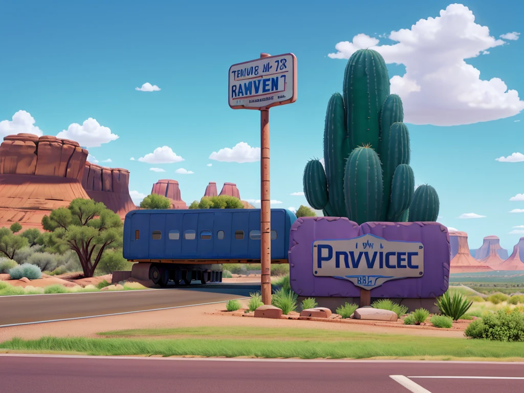 Image in aspect ratio 4:3; route 66 highway scenery; blue and lilac sky; green vegetation; Route 66 sign on the side of the highway; gray highway; disney pixar style; qualidade hd; photo angle taken 150cm from the ground ; High definition; Canyons; Cactos