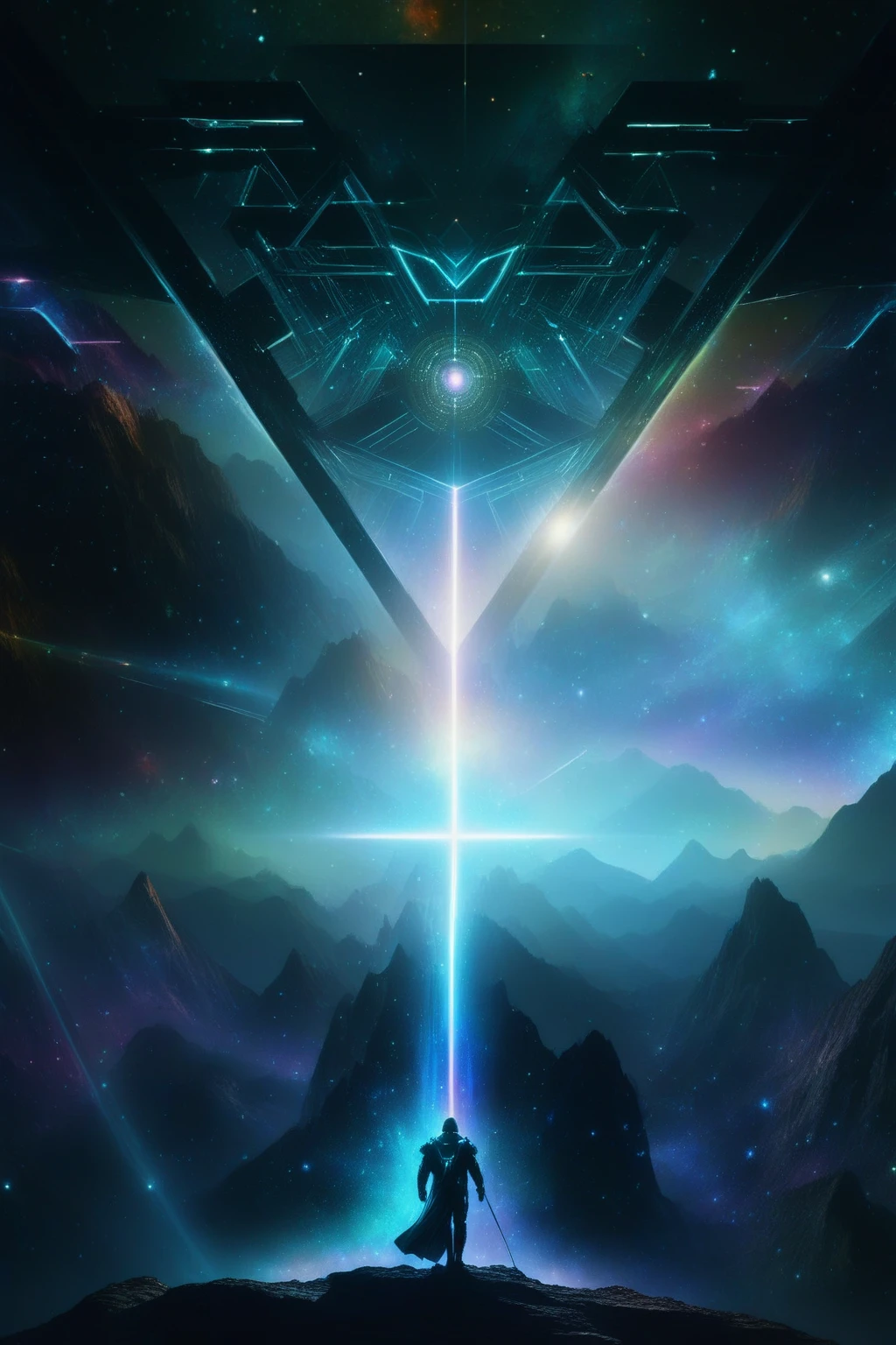 arafed view of a man standing on a mountain with a cross in the sky, star - gate of futurisma, sci-fi digital art illustration, sci-fi digital art, sci fi epic digital art, science fiction digital art, epic beautiful space scifi, galactic temple, sci fi artwork, sci-fi magic highly detailed, sci-fi fantasy wallpaper