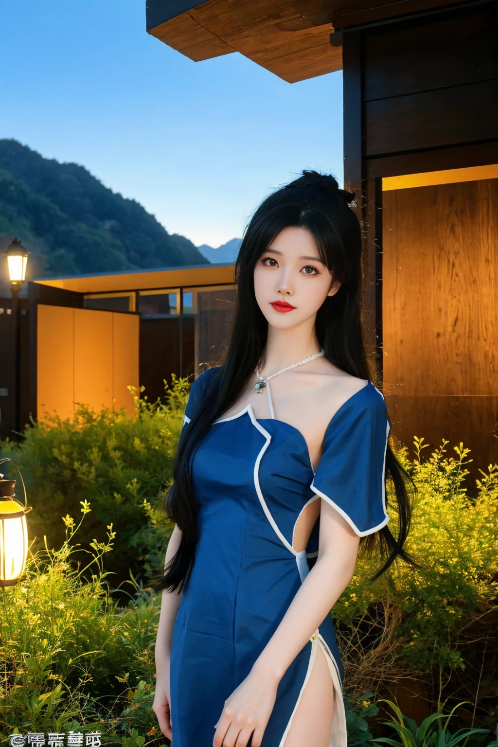 best quality, tmasterpiece,Ultra-high resolution,Clear face,(Reality:1.4),ferpect lighting,(upper body), (photorealistic:1.50), anime wallpaper, Guviz style artwork, cover-up fantasy up to magic , by Yang J, Guviz, beautiful artwork illustration, beautiful digital artwork, beautiful digital illustration, Li Song, beautiful anime portrait, art style in Beauvot, 1girl, 独奏,cosplay, looking at the audience,
long hair, black hair, hair bun, blue eyes, Chinese dress,
Outdoor, grassland, park, Garden, (standing:1.5), night sky, (looking at viwer:1.3),