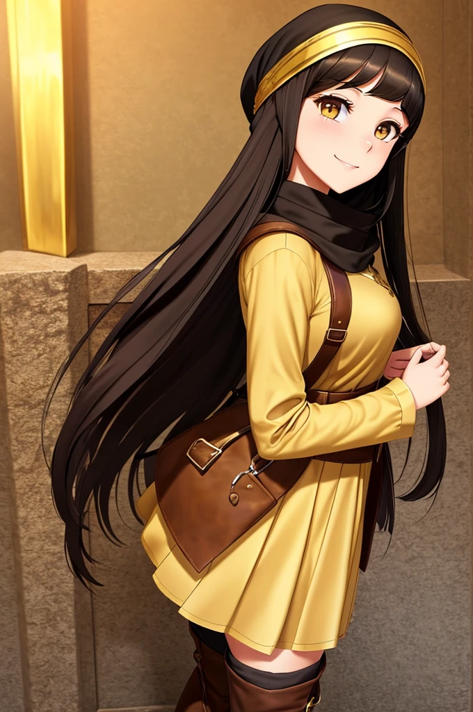 "Tall Girl, 20 years old, with long black hair down to her waist, golden eyes, and smile. She dresses in an antique style, She wears a brown skirt longer on one side than the other, large brown boots up to the knees with lots of ribbons, a backpack, a white blouse, and a hijab on her head. , She possesses golden powers and has a golden-themed background."
