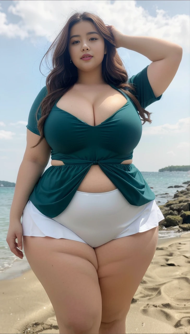 ((best quality)), ((masterpiece)), (detailed), perfect face, araffeTight skirtsShort , thicc, wavy short hair, she has a jiggly fat round belly, bbwchan, wearing tight simple clothes, skinny waist and thick hips, widest hips, her belly is fat and round, soft curvy shape, hyperrealistic full figure, wearing a cute top, wide hips, Blue swimsuit,On the beach by the seaBlue