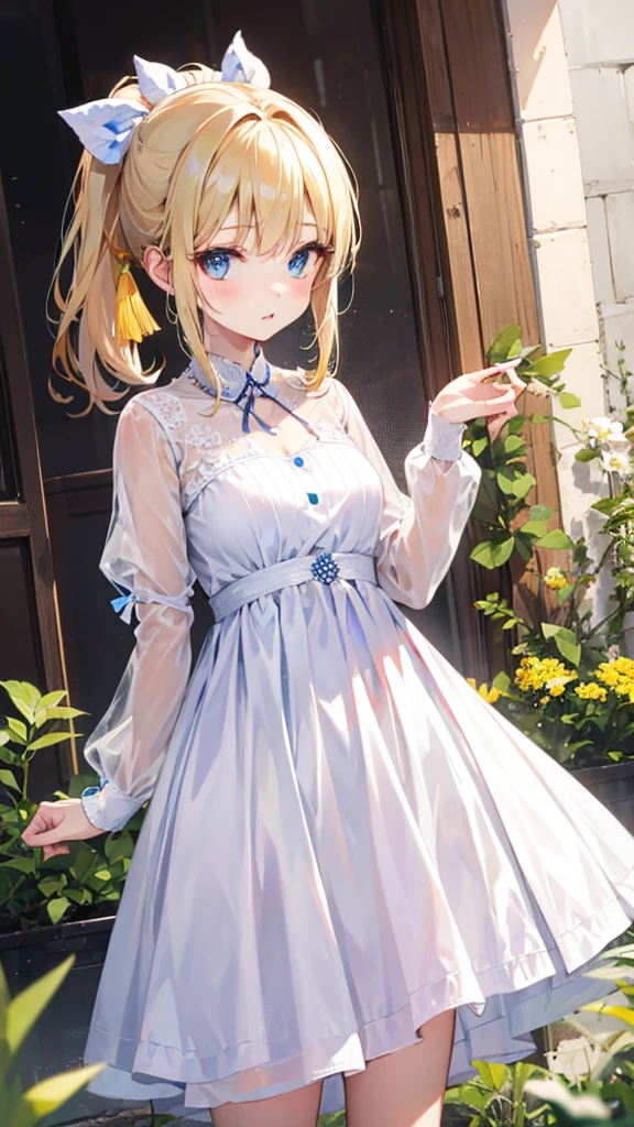 Girl in white dress、Blonde、ponytail、