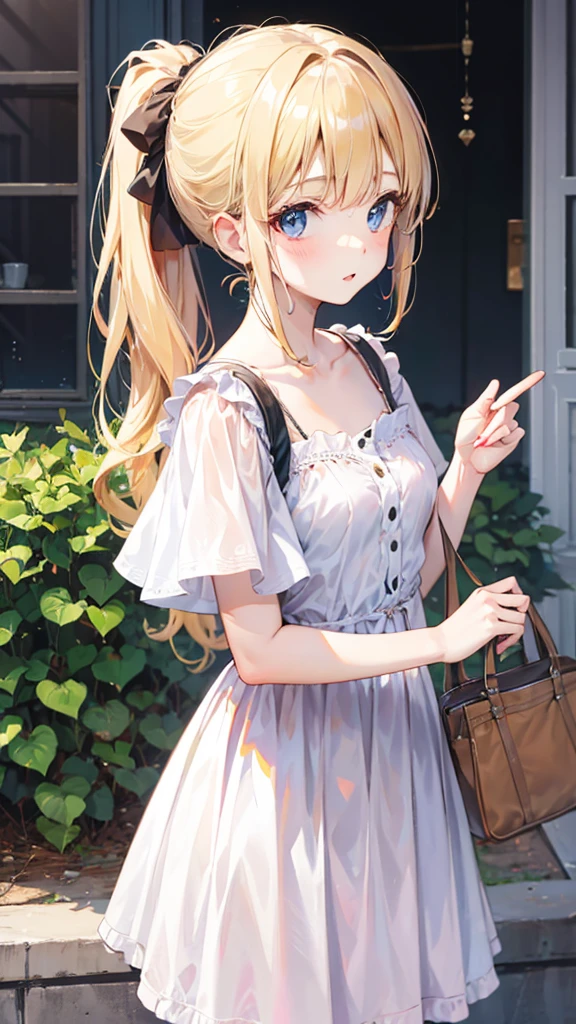Girl in white dress、Blonde、ponytail、