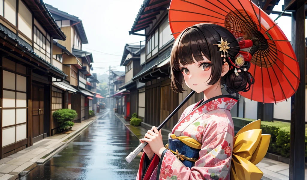 twelve year old brunette girl，Hairpin，Geisha hairstyle，luxury kimono，Paper umbrellas，Japanese Street