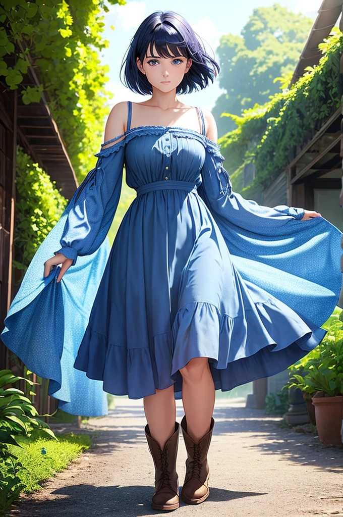 20 years old, with short dark blue hair to the shoulders, a serious yet tender expression, and bright light blue eyes. She dresses in an antique style, wearing a long dark blue skirt that reaches her knees, and small dark brown boots up to her ankles. Her white blouse is long-sleeved, covering her fingers slightly, and falls off one shoulder, leaving it exposed. She possesses water powers and has a water-themed background.