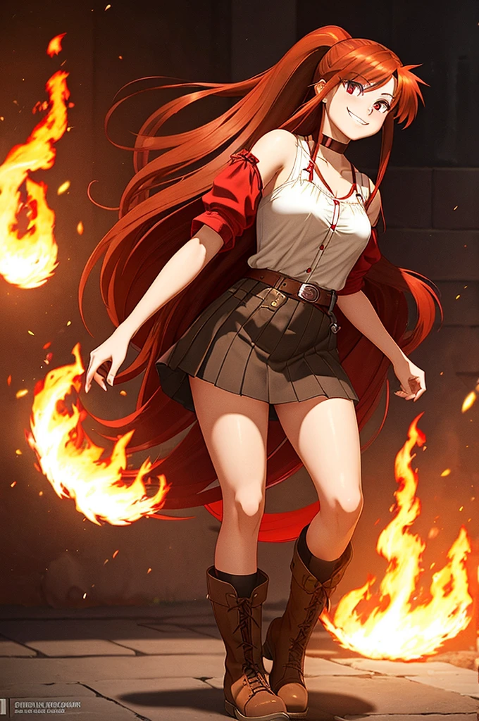 20 years old, long red hair, wears a ponytail, red eyes, always smiling. She dresses in an antique style, wearing a short brown skirt with black shorts underneath, ending above the knees. She wears knee-high brown boots. Her white blouse is sleeveless and features red details. She possesses fire powers and has a fire-themed background."