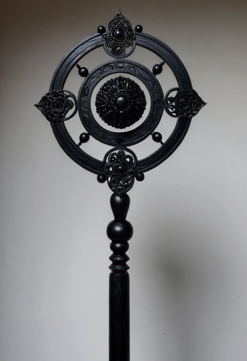 a staff made of black wood with a strange metas around it
