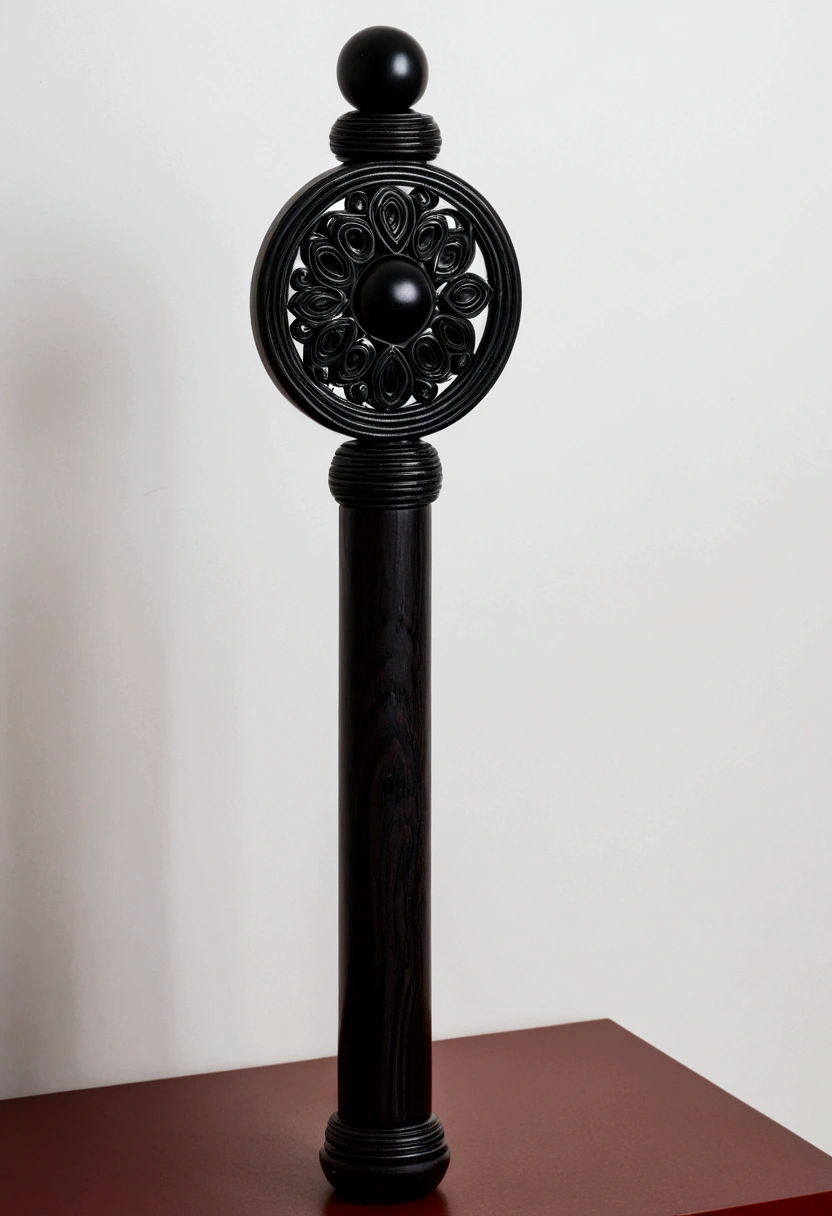  a staff made of black wood with a strange metas around it