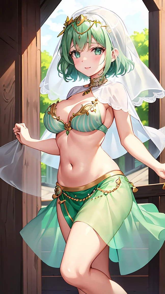 Girl with short green hair, Small breasts, Green Eyes, White Casual Wear Beauty Special、((((tits)))),Full body photo from head to toe、(Belly dance)、Dancer、National costume、See-through、Angle Shot、Decoration、Luxury accessories、Face veil around the mouth、Dancing by rotating on one foot、Cover your mouth with a face veil、