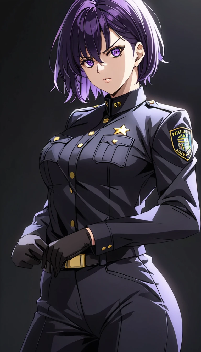 High-resolution anime digital art, Masterpiece, tomboy, mature, sexy, smart, short hair color pitch black, real detail eyes pupil purple, real anatomy body, Detail Hair, wear gloves, black chokers, wear Black FBI uniform, Serious Face, Dynamic Pose, Full Body, Alone, hyper detailed, sharp focus, physically-based rendering, (black background:1.1)