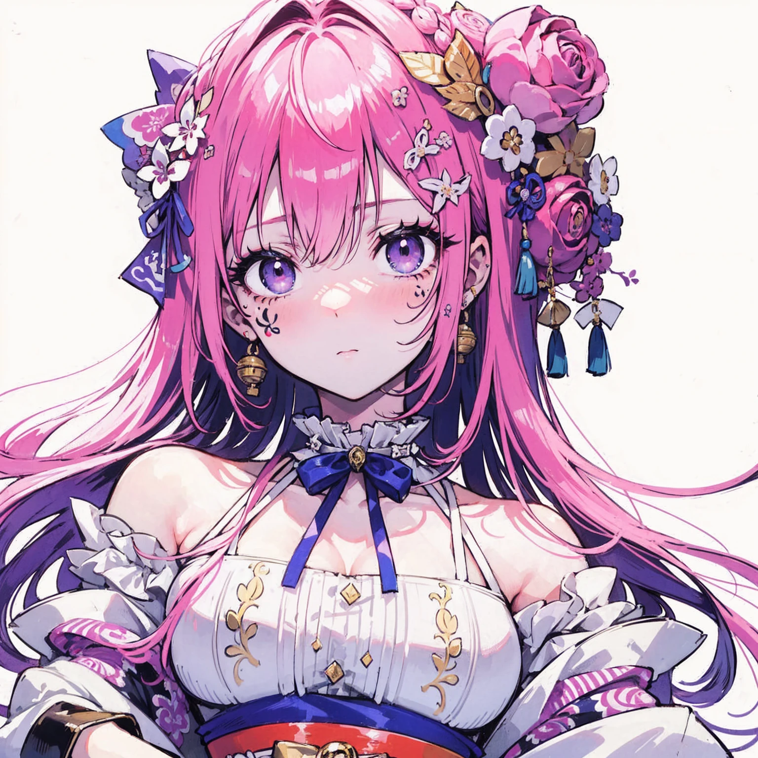 (Highest quality,masterpiece:1.2,Intricate details:1.2),Beautiful Face,ukiyoe,One girl,Girl in patterned kimono,View the viewer:1.3,Face Tattoos:1.2,Detailed Hair,Fluid brushwork,traditional japanese art, Vibrant colors, Golden Belt, Delicate cherry, Calm expression, Traditional makeup, Peaceful Background, Soft lighting