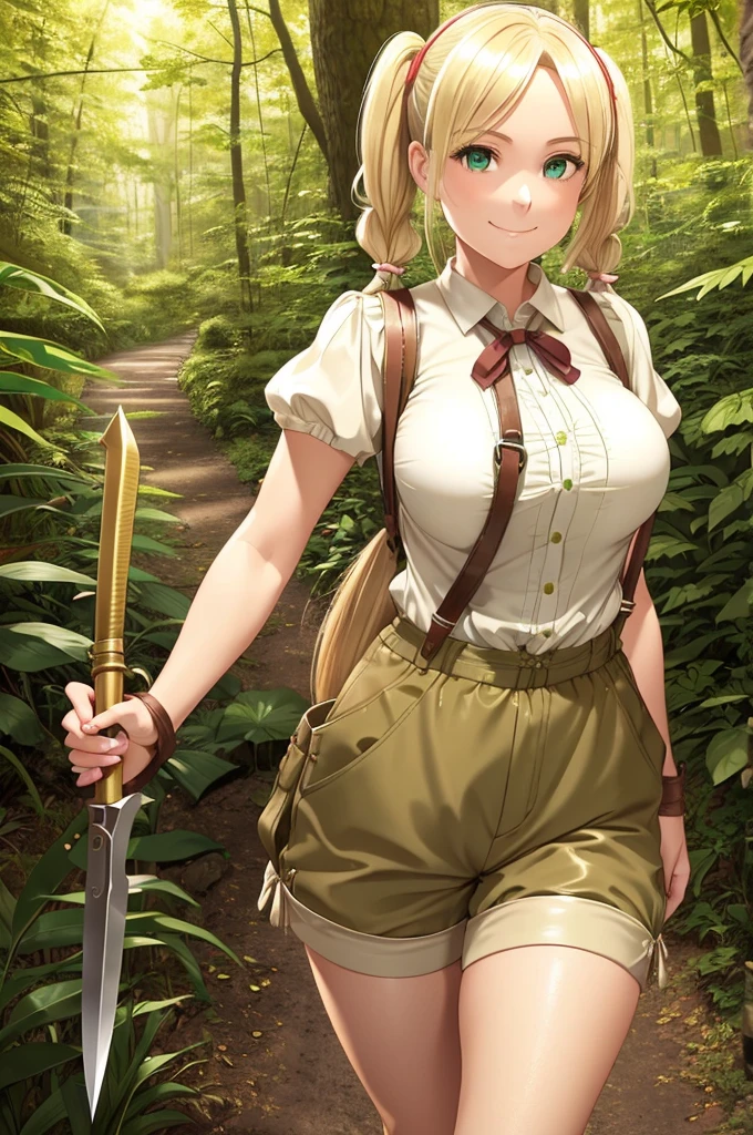 30-year-old woman, blonde hair in pigtails, green eyes, tender and smiling expression, long explorer-style shorts with beige suspenders, short-sleeved white blouse, red ribbon in her hair, beige leather gloves, dark beige, in forest leather boots that reach mid-calf, her weapons are two daggers she carries at her waist.