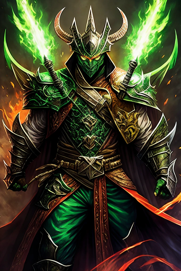 One-armed demon dragon with a huge sword in his hand covered in green flames