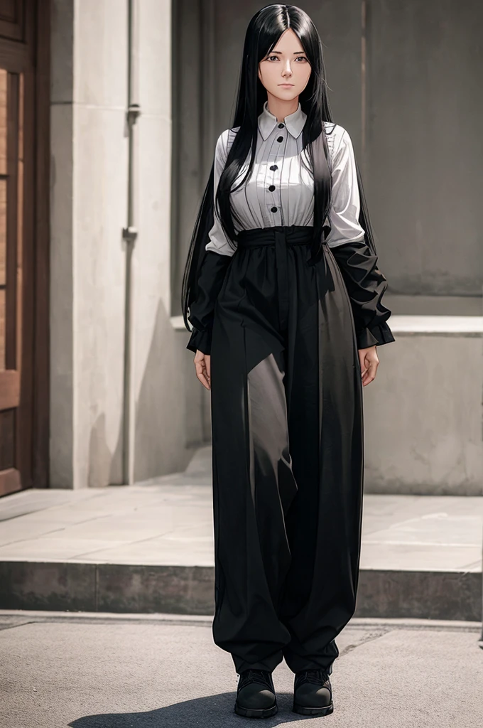 30-year-old woman, long black hair, serious, black eyes, wears old-fashioned clothing, black baggy pants, black boots, white blouse with long sleeves and exposed shoulders, powers of darkness, dark background. 