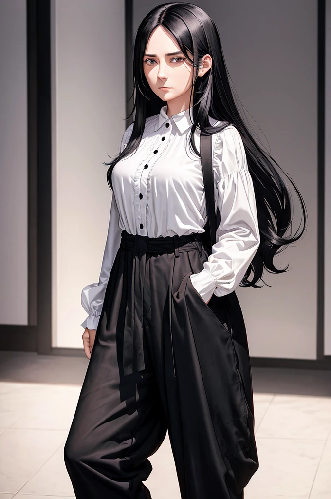 30-year-old woman, long black hair, serious, black eyes, wears old-fashioned clothing, black baggy pants, black boots, white blouse with long sleeves and exposed shoulders, powers of darkness, dark background.