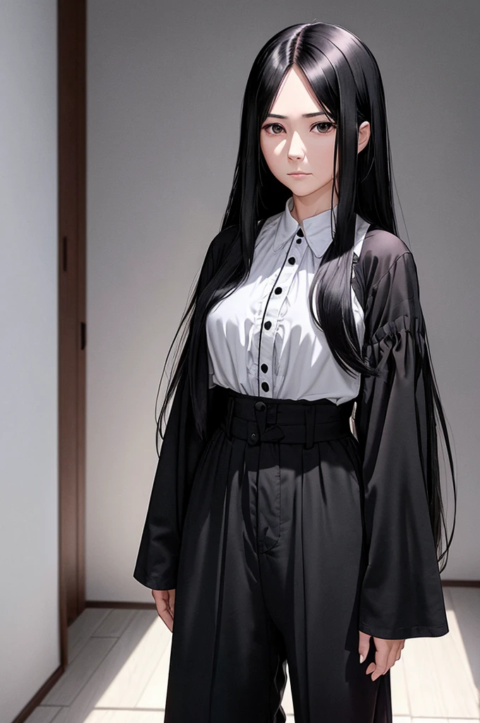 30-year-old woman, long black hair, serious, black eyes, wears old-fashioned clothing, black baggy pants, black boots, white blouse with long sleeves and exposed shoulders, powers of darkness, dark background.