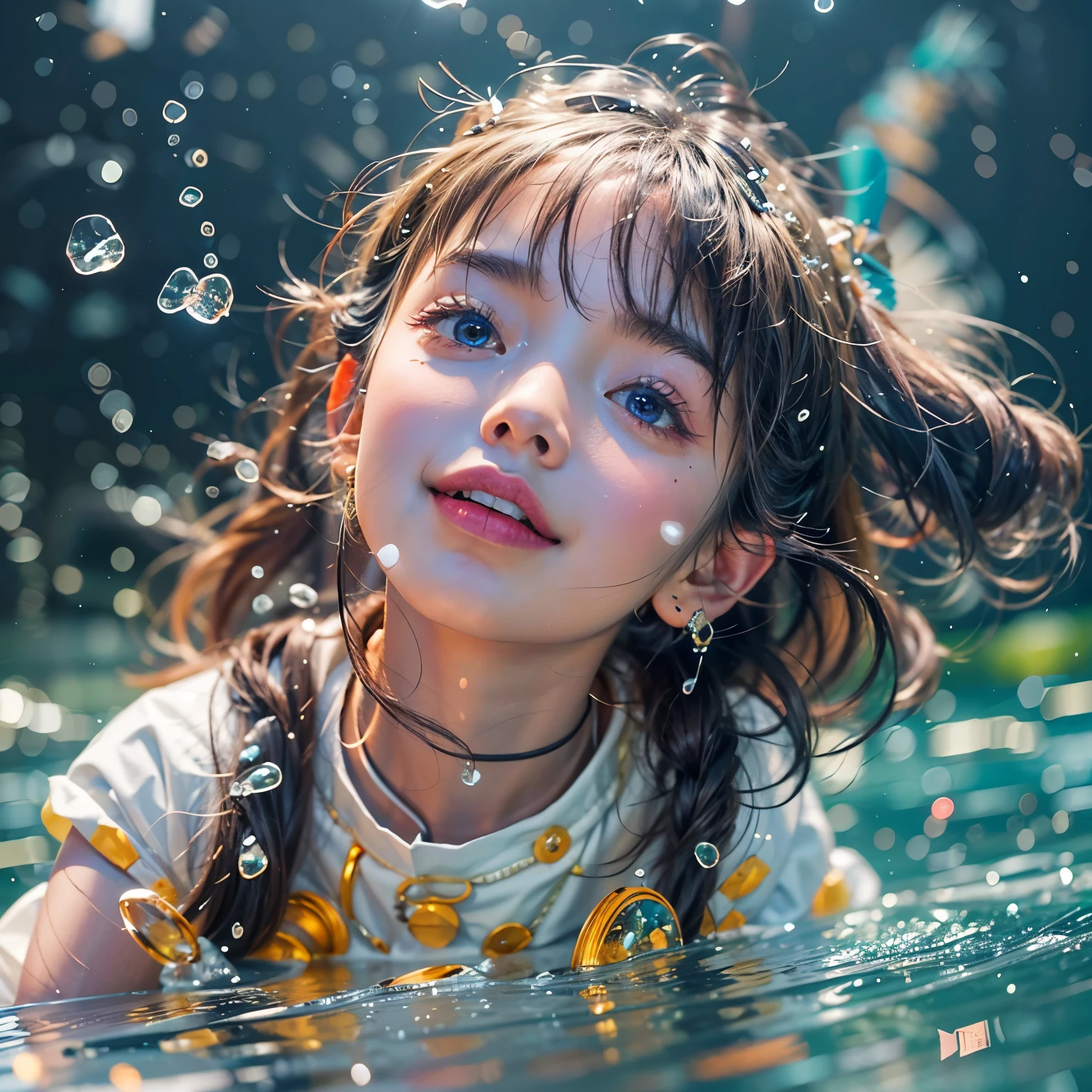 (8K TopQuality masterpiece: 1.2)(Realistic ProfessionalPhoto:1.37), VolumetricLighting. Tiny Girls, girl jumping into the water、Falling、splash water、shout、Luminous water surface、White and Bright colors, back lighting, Radiant PearlSkin, Elaborate pupil with (sparkling highlights:1.28) (Detailed KAWAII face) with cute lips, long eyelashes, Delicate clothes, {HiddenHand|Motion Blurred hand|(Corrected BabyLike Hand)} 