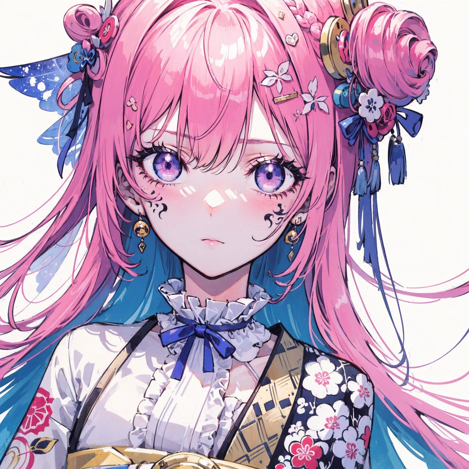 (Highest quality,masterpiece:1.2,Intricate details:1.2),Beautiful Face,ukiyoe,One girl,Girl in patterned kimono,View the viewer:1.3,Face Tattoos:1.2,Detailed Hair,Fluid brushwork,traditional japanese art, Vibrant colors, Golden Belt, Delicate cherry, Calm expression, Traditional makeup, Peaceful Background, Soft lighting