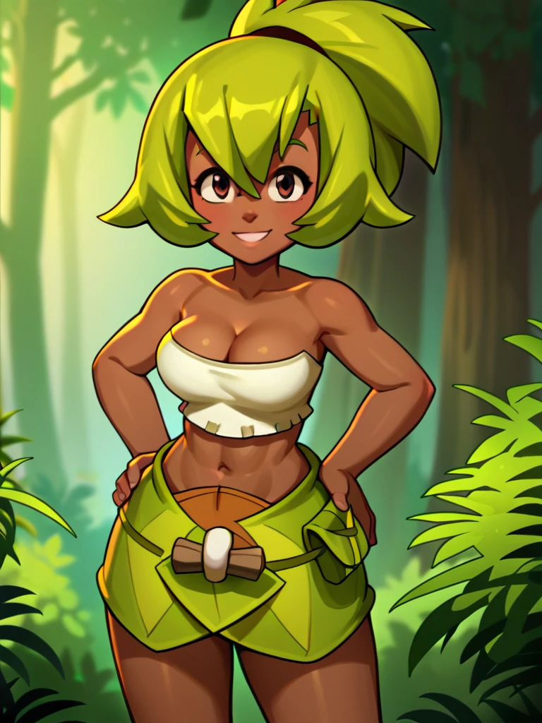 nymph, cute face, colored skin, pale green skin, pointy ears, thin body, wide hips, tribal clothes, white short hair, FanFo, dim light, ancient skin marks, between bushes