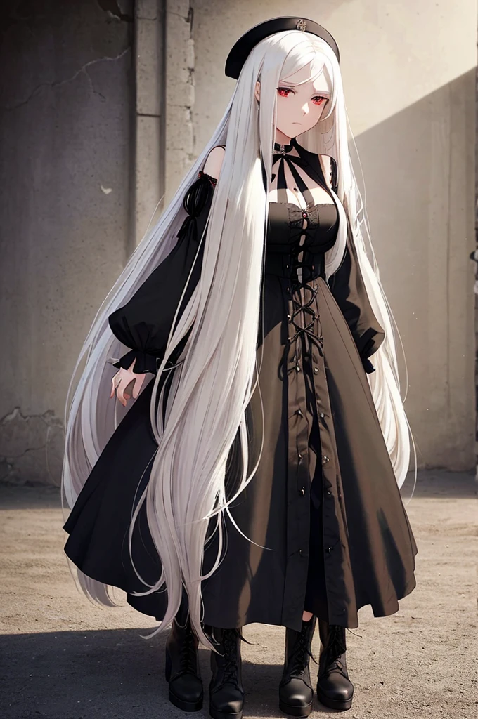Girl, 20 years old, with long white hair down to below her waist, a serious yet tender expression, and red eyes. Her hair features black streaks. She wears antique-style clothing, a long black dress with a slit on the legs, and high black boots that almost reach her knees. Her power and background are related to shadows and darkness.