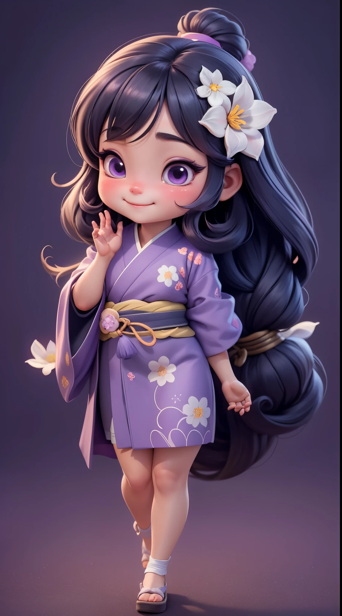 Create a  baby chibi version of the Alice character in an 8K resolution. A beautiful Asian girl with long, flowing black hair adorned with a delicate [lavender hair ornament] is strolling through the picturesque [lavender fields] of Furano, Hokkaido. She is wearing a stunning [kimono with lavender pattern], the vibrant purple colors contrasting with the vast expanse of blooming lavender. The girl's expression exudes a sense of tranquility and joy as she immerses herself in the beauty of the fragrant flowers, It's sunny, Detailed eyes, clear outlines, kawaii pose, A smile, Raise your right hand, Eye Up, Laugh, radiant light, Taken from the side. She should look adorable and cute. Give him a smiling expression and a sweet smile on his face, capturing the essence of the character in a delicate and charming way.