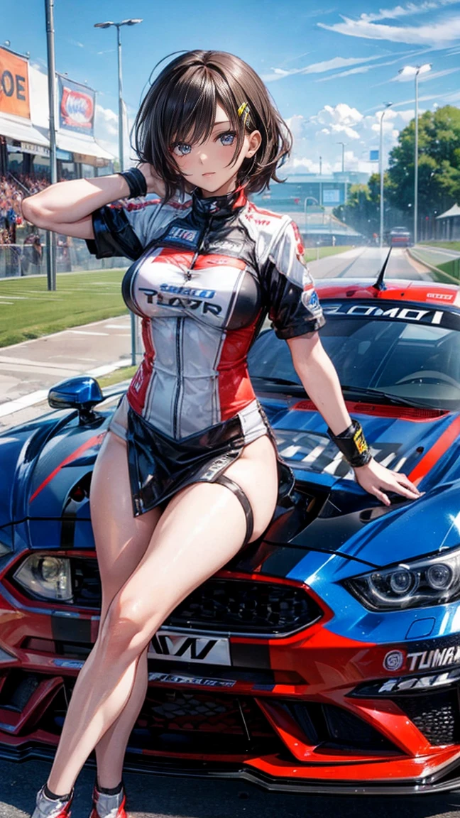 One Woman Race Queen Posing for the camera in front of a sports car High leg Low - Angle