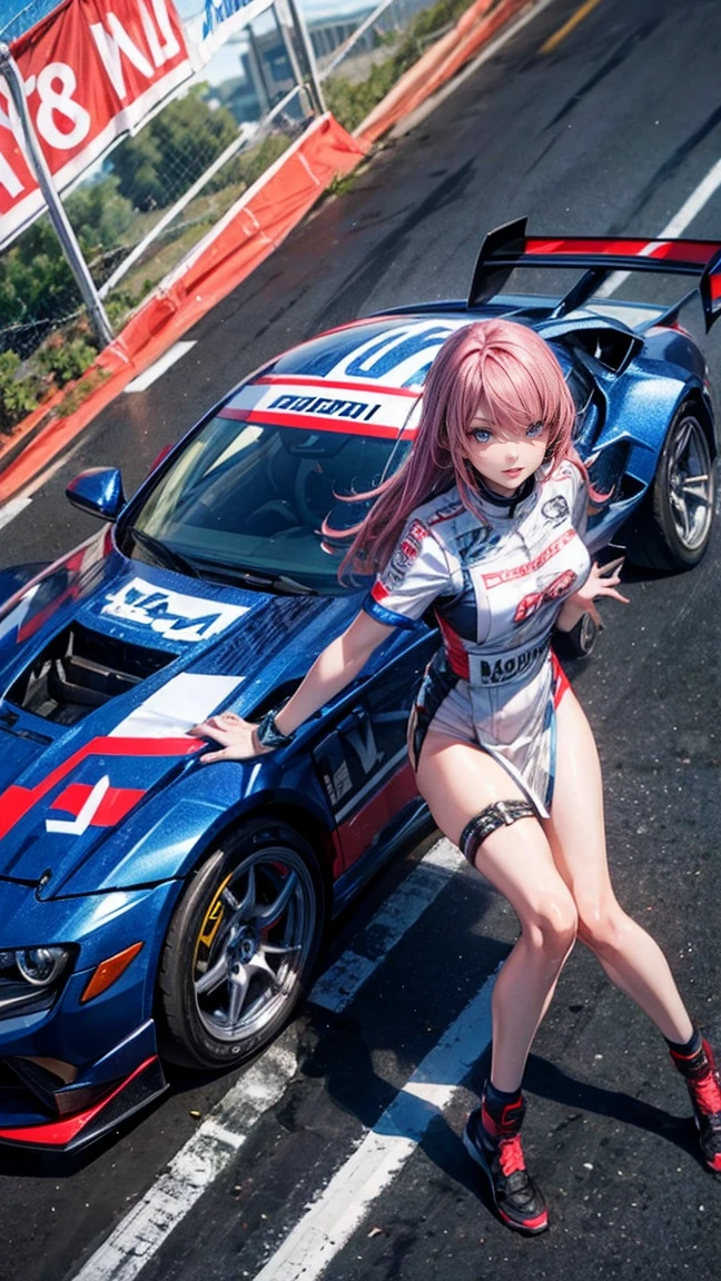 One Woman Race Queen Posing for the camera in front of a sports car High leg Low - Angle