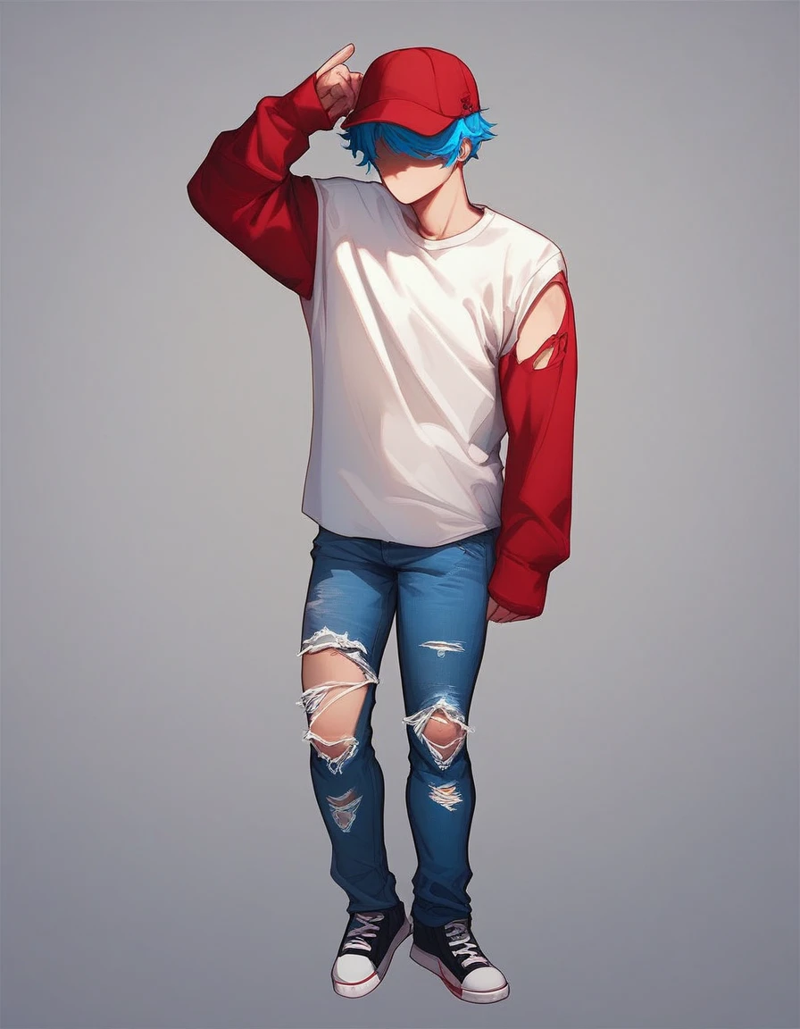 lookalike, solo, short hair, shirt, long sleeves, 1boy, hat, blue hair, standing, full body, white shirt, male focus, shoes, pants, torn clothes, shaded face, t-shirt, jeans, layered sleeves, short over long sleeves, torn pants, red sleeves, red gangster hat, source, semi light blue skin, source_cartoon