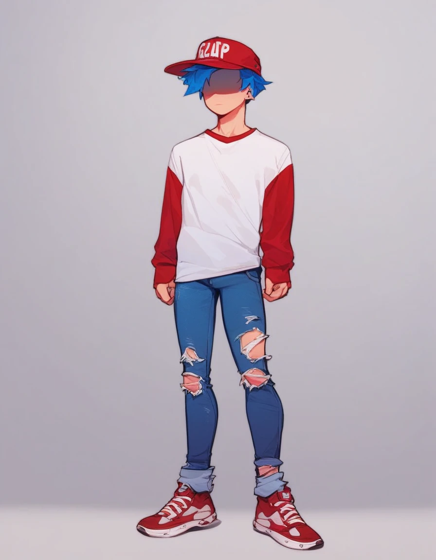 lookalike, solo, short hair, shirt, long sleeves, 1boy, hat, blue hair, standing, full body, white shirt, male focus, shoes, pants, torn clothes, shaded face, t-shirt, jeans, layered sleeves, short over long sleeves, torn pants, red sleeves, red gangster hat, source, semi light blue skin, source_cartoon