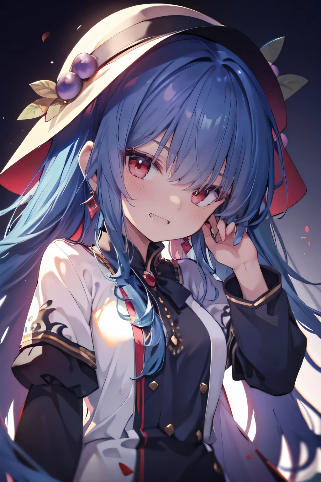 (8K、Best image quality、Highest quality、masterpiece)、Detailed face、1 Girl、Red eyes、Earrings、Wicked Smile、teeth、Grin、Small breasts、dark blue long hair