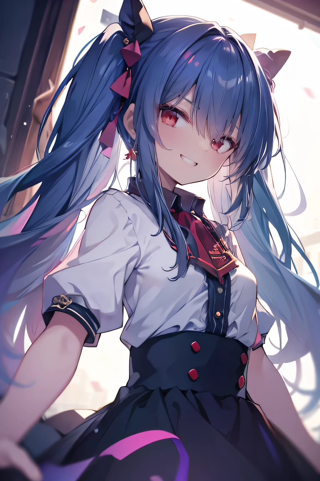 (8K、Best image quality、Highest quality、masterpiece)、Detailed face、1 Girl、Red eyes、Earrings、Wicked Smile、teeth、Grin、Small breasts、dark blue long hair