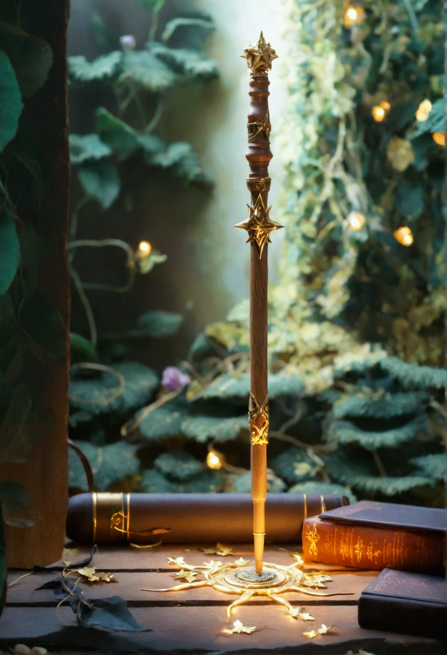 The wand is made of light wood and has some gold decorations.