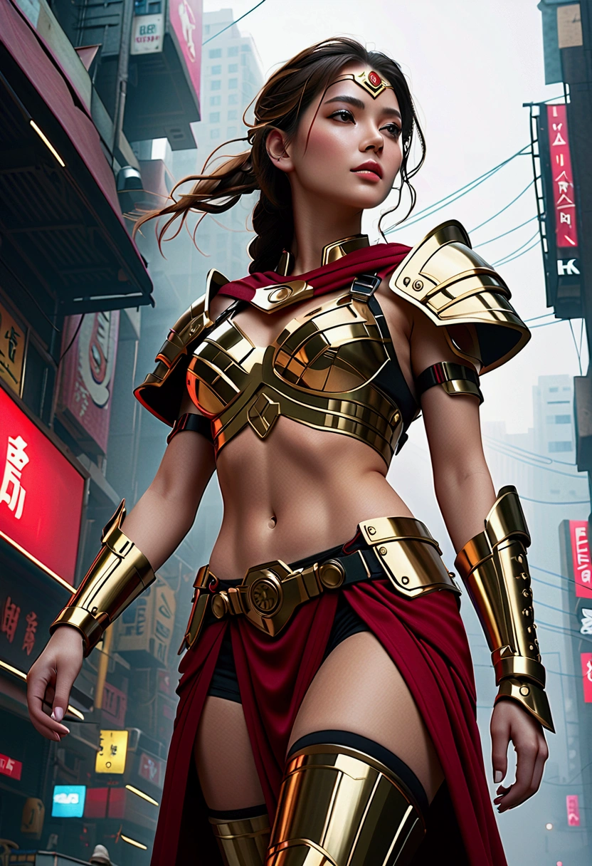 Woman wearing Amman armor, Red and Gold, 高度detailed的废弃仓库背景, Delicate face, detailed、complex、Busy background, messy, Gorgeous, milky, Delicate skin, Realistic skin details, Visible pores, Clear focus, Volumetric Fog, 8K Ultra HD, Digital SLR Camera, high quality, Film Grain, White skin, Photorealism, Rama Photography, Dystopian metropolis of the future, Watch from below, translucent