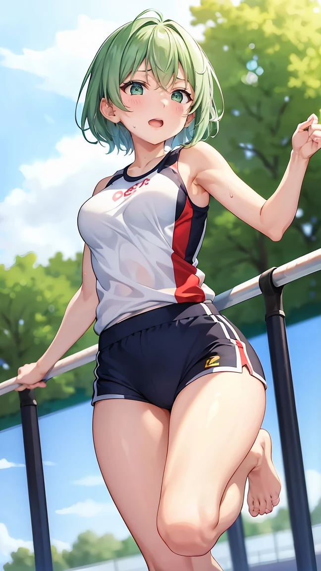 Girl with short green hair, Small size breasts,、Green Eyes, 、,Full body photo from head to toe、Track and field athlete、Olympic、、Pole Vault、150㎝の高さのバーを背中側からJumpして飛び越える、A toned and toned body、Desperate、Sweat、Uplifting、A moving picture、Shorts、Full Strength、Jump、Serious、(背面Jump)