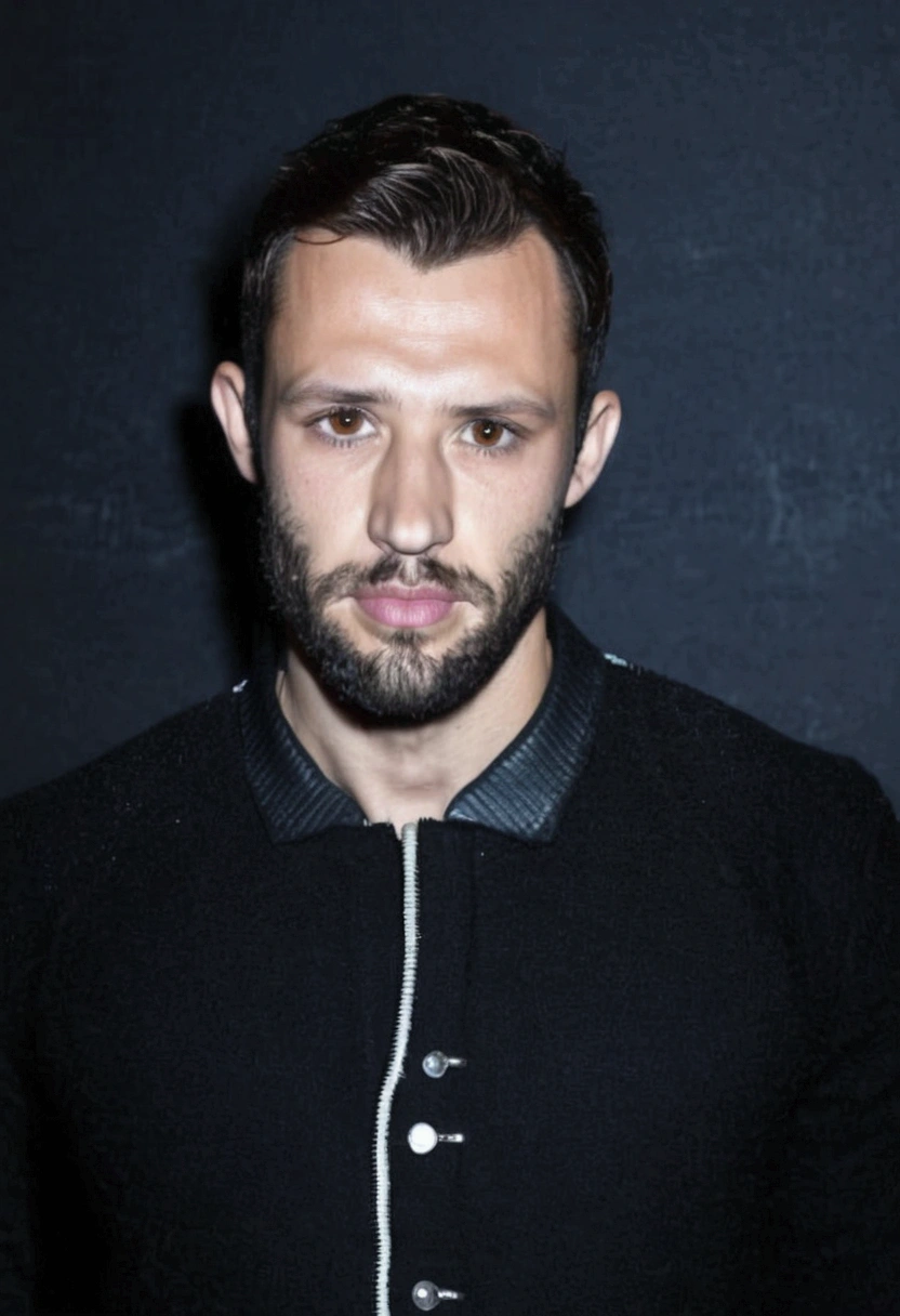 ((best qualityer)), ((realistic shoulders)), (detailded), 1 young 26-year-old man in an extremely dark room with poor lighting, He has a trimmed beard and short hair back and little muscle., dressed in dark clothes , dark shirt and dark jacket
