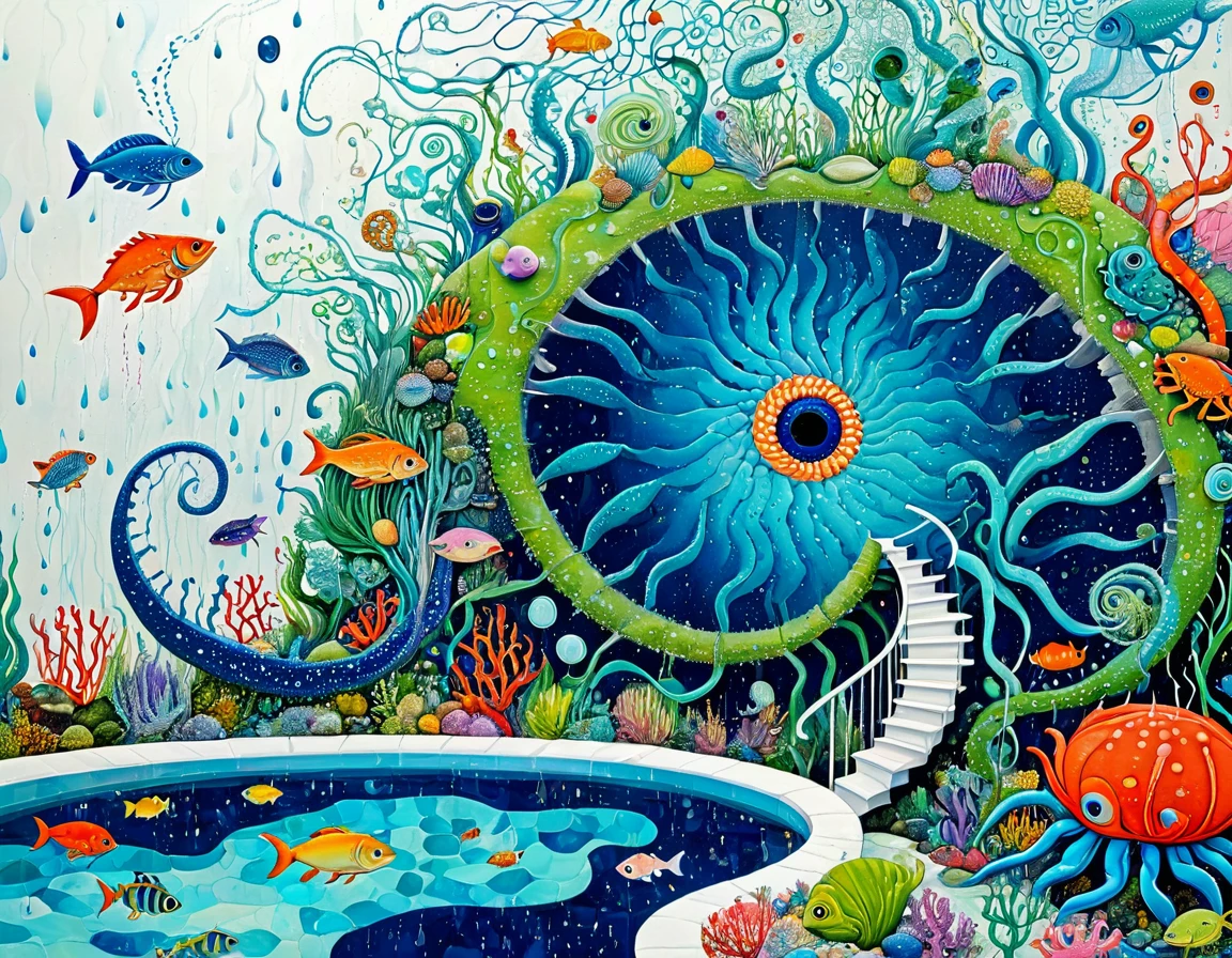"Dick Ellescas Artist Style",Swimming pool,Marine Life、Crab、fish,Tentacles,bird、Eye、rain、autistic patient、diatom,Spiral Staircase,Stitching together an abstract painting,Describing the inner world of autistic people,Sense of space,White Space,interesting,Innocence,Psychedelic Art,Blue Theme