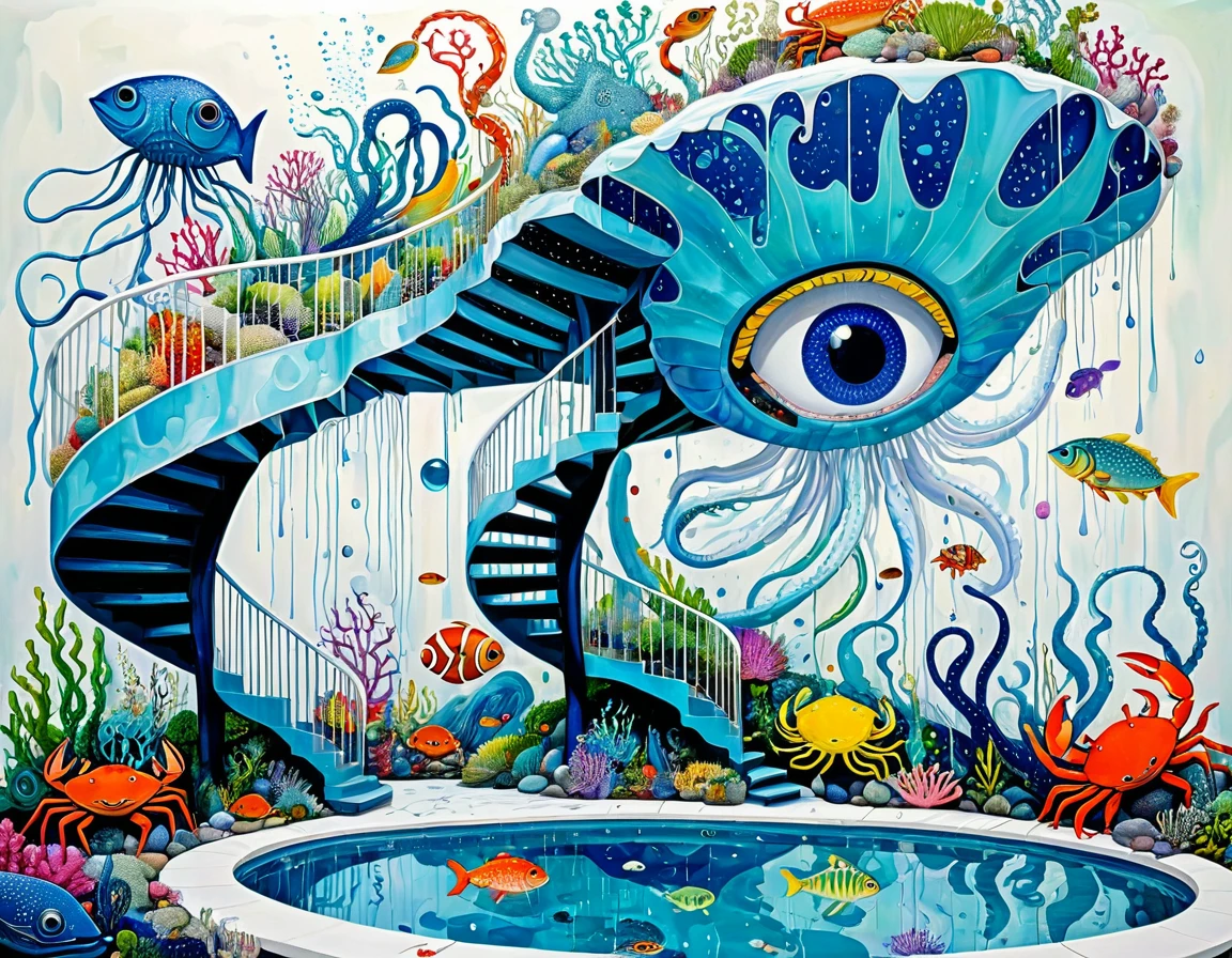 &quot;Dick Ellescas Artist Style&quot;,Swimming pool，Marine Life、Crab、fish，Tentacles，bird、Eye、rain、autistic patient、diatom，Spiral Staircase，Stitching together an abstract painting，Describing the inner world of autistic people，Sense of space，White Space，interesting，Innocence，Psychedelic Art，Blue Theme