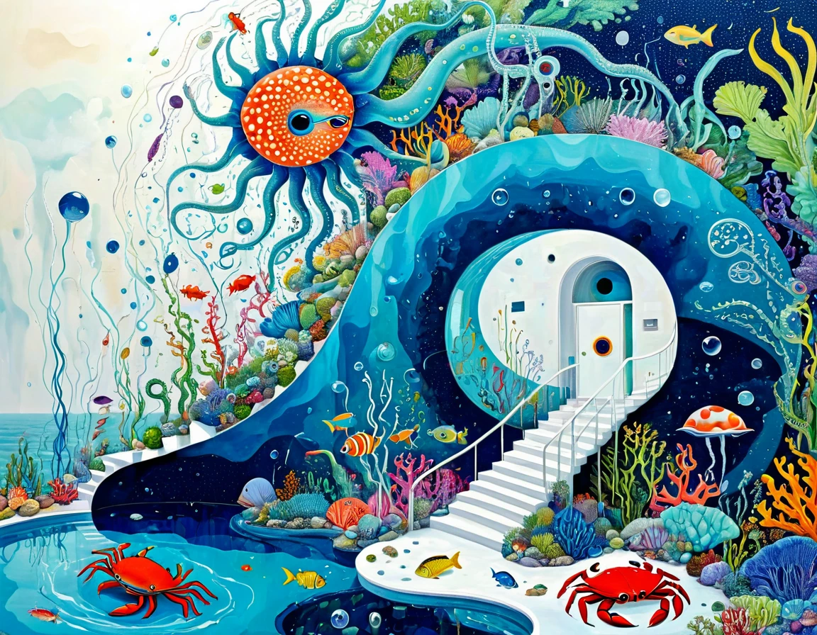 &quot;Dick Ellescas Artist Style&quot;,Swimming pool，Marine Life、Crab、fish，Tentacles，bird、Eye、rain、autistic patient、diatom，Spiral Staircase，Stitching together an abstract painting，Describing the inner world of autistic people，Sense of space，White Space，interesting，Innocence，Psychedelic Art，Blue Theme