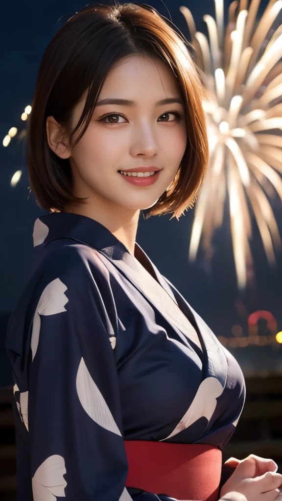 8K,Highest quality,(masterpiece:1.2),(Realistic),(Realistic:1.37),Ultra-high resolution,One Young Woman,((smile)),night,Big Breasts,Beautiful Eyes,(((Fireworks display))),(((night))),(((yukata))),Perfect body,Perfect Fingers,Professional Lighting,gravure,Detailed face and skin texture,fine grain,RAW Photos