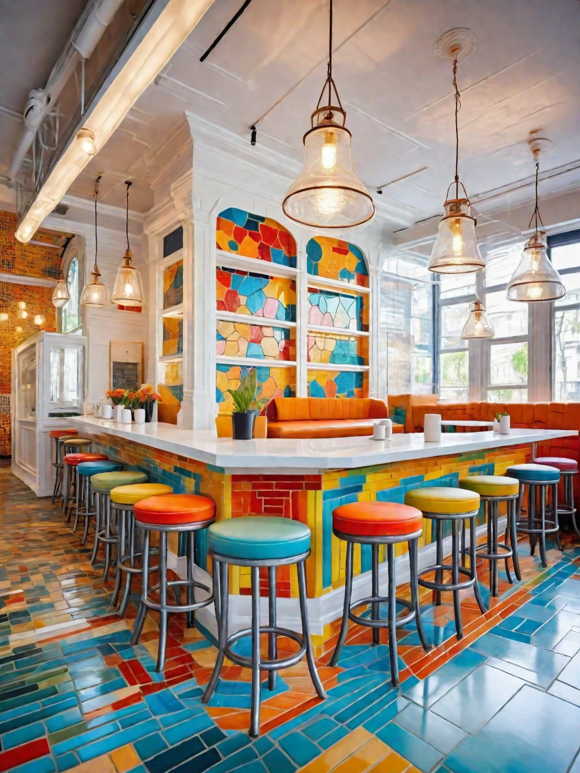 Modern cafe, vibrant mosaic materials, colorful tiles, sleek furniture, contemporary design, large windows, bright and airy, stylish decor, artistic patterns, cozy seating, creative atmosphere, trendy vibe