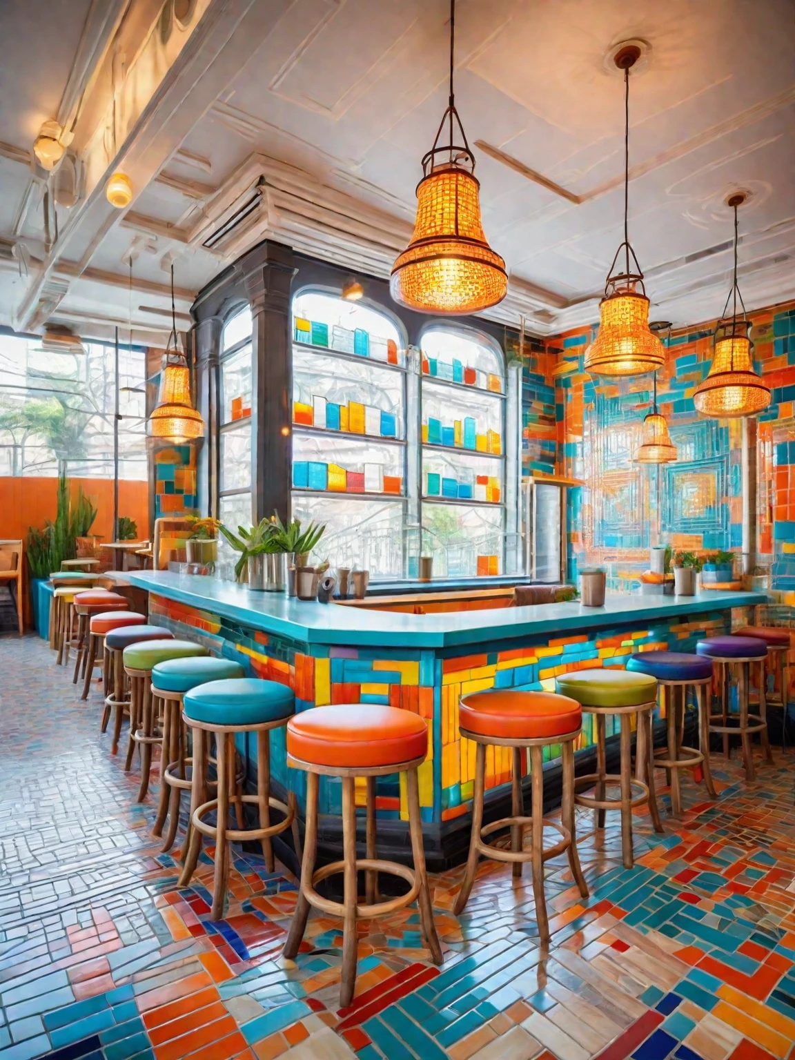 Modern cafe, vibrant mosaic materials, colorful tiles, sleek furniture, contemporary design, large windows, bright and airy, stylish decor, artistic patterns, cozy seating, creative atmosphere, trendy vibe