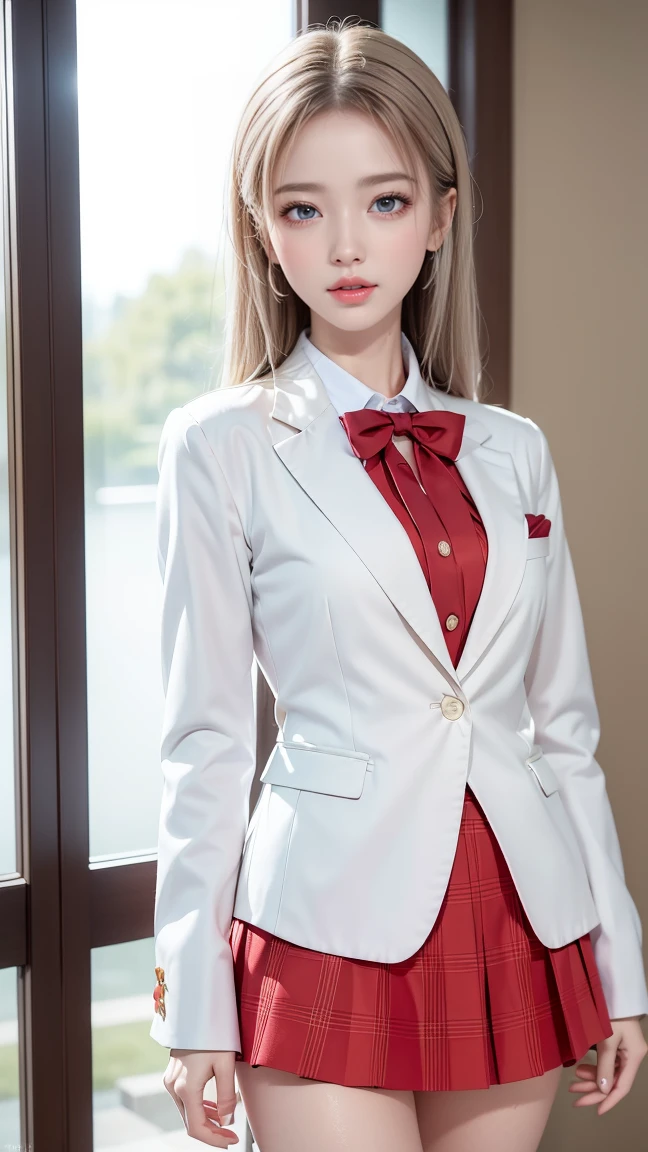 최고 품질의 Work,actual work,Ultra-premium graphics,8K HD CG 작동,High-quality graphics,고화질 CG Work,10x Pixel,very fine details:1.1,Advanced technical details:1.1 realistic,(階段に足を組んで座っているgirl)natural light:1.5. lighting effects(virtual lighting effects:1.8),濡れた長いsilver hair,silver hair,transparent hair,Hair that pays attention to detail(Premium hair details:1.1)clear eyes,Your double eyelids are pretty,Sharp eye makeup, Delicate eyelash makeup, thin eyebrows, very detailed eyes,high nose, I like red lips, Rose cheeks, A face with delicate makeup , Cute face, perfectly balanced face,(Advanced facial details:1.1),shining,very coolドレス,bright red series,((front open wet white blazer)) 、(Translucent wet white blouse)、(red bowtie)、(wet check skirt)、、girl 、Photo shoot,female'Work,full body portrait,realism,very cool,My eyes are sparkling again today、(8. she'It's wet)),(sudden rain、wind),(windでスカートが舞い上がる),(I can see your pants)、