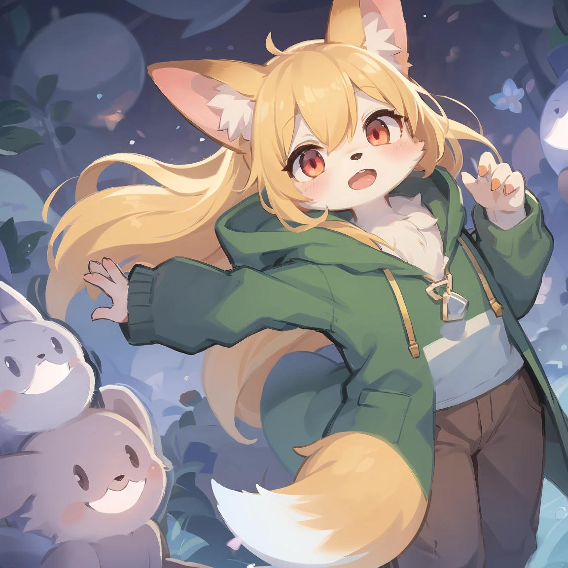 flat color, shota the fox, , was hairy, shaggy, skin fur, smooth lashes, golden fur, forelimb hands, straight long blonde hair, solid circle eyes, golden ears, golden fur, golden facial fur, shiny hair, red eyes, super cute face, 1fox tail, fluffy tail, furry tail, glowing eyes, green coat green hood down, brown trousers, open mouth, ambient light, ultra-fine fur, dashed eyes, masterpiece, high quality, high-details, best quality, (solo)