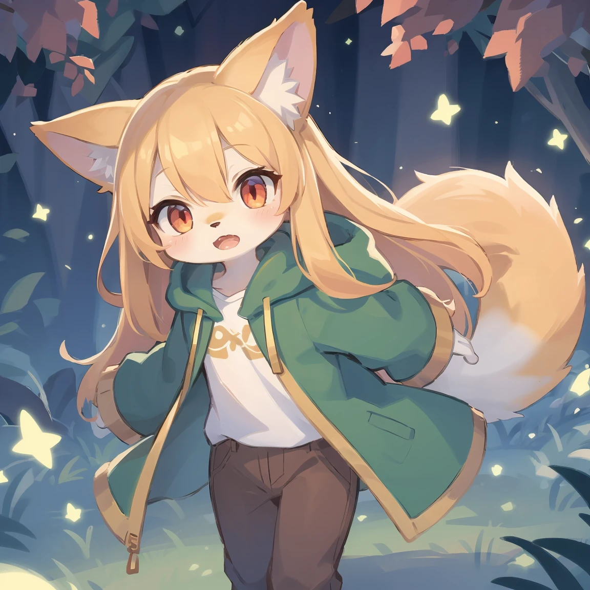 flat color, shota the fox, , was hairy, shaggy, skin fur, smooth lashes, golden fur, forelimb hands, straight long blonde hair, solid circle eyes, golden ears, golden fur, golden facial fur, shiny hair, red eyes, super cute face, 1fox tail, fluffy tail, furry tail, glowing eyes, green coat green hood down, brown trousers, open mouth, ambient light, ultra-fine fur, dashed eyes, masterpiece, high quality, high-details, best quality, (solo)