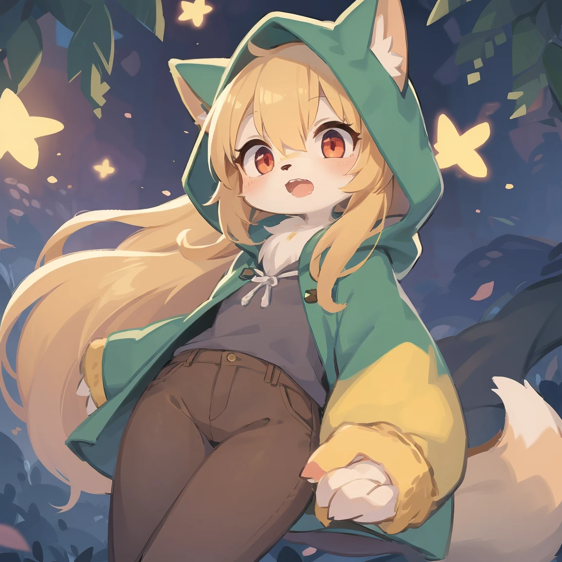 flat color, shota the fox, , was hairy, shaggy, skin fur, smooth lashes, golden fur, forelimb hands, straight long blonde hair, solid circle eyes, golden ears, golden fur, golden facial fur, shiny hair, red eyes, super cute face, 1fox tail, fluffy tail, furry tail, glowing eyes, green coat green hood down, brown trousers, open mouth, ambient light, ultra-fine fur, dashed eyes, masterpiece, high quality, high-details, best quality, (solo)