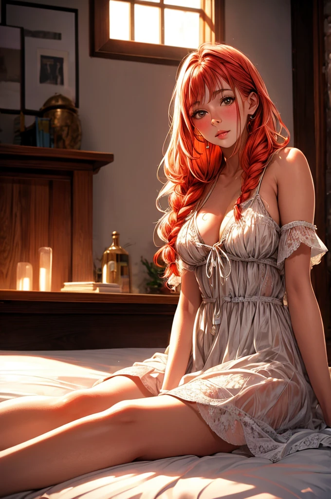 Young Scandinavian woman, Cute face, Fascinating, Highest quality, masterpiece, Translucent summer dress, Golden Hour, Detailed Texture, Long braided hair, Sitting on the bed, Pause, カジュアルなPause, Wooden cottage, interior, [blush], beautiful, Complex, Caustics, light, sunlight, (((Soft lips))), (((Glossy Lips))), Very detailed, (Semi-realistic:1.2), Niroudef, Redhead